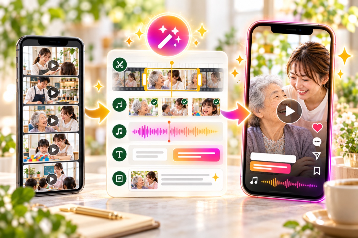 送った動画素材からAIが見どころ、長さ、音楽、テロップ、投稿文を整えてリール動画にする流れ