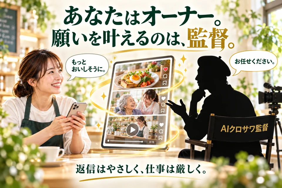 あなたはオーナー。願いを叶えるのは、監督。もっとおいしそうに、という店主の希望を受けるAIクロサワ監督のイメージ