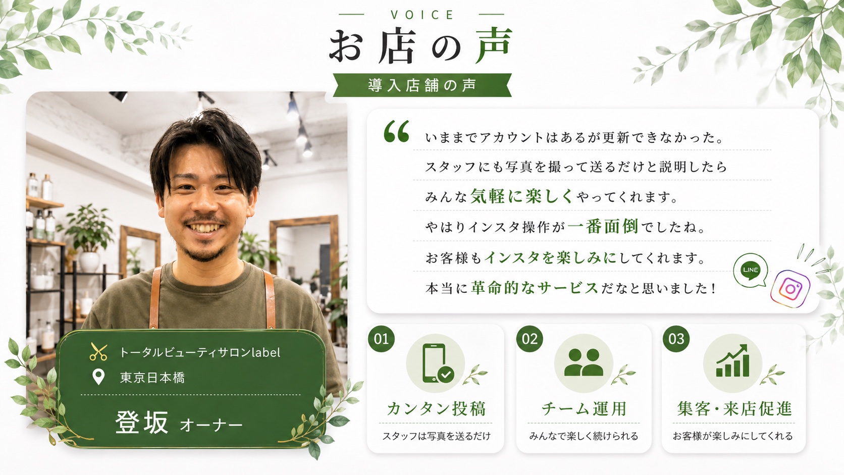 トータルビューティサロンlabelの導入店舗の声。LINEで写真を送るだけで簡単投稿、チーム運用、集客と来店促進につながるという感想